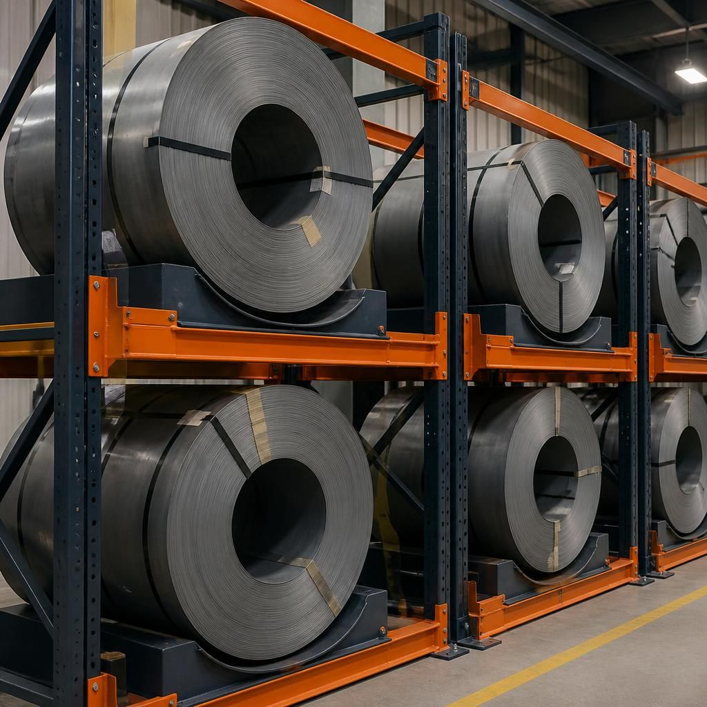 Steel coils positioned in cradles within a storage rack