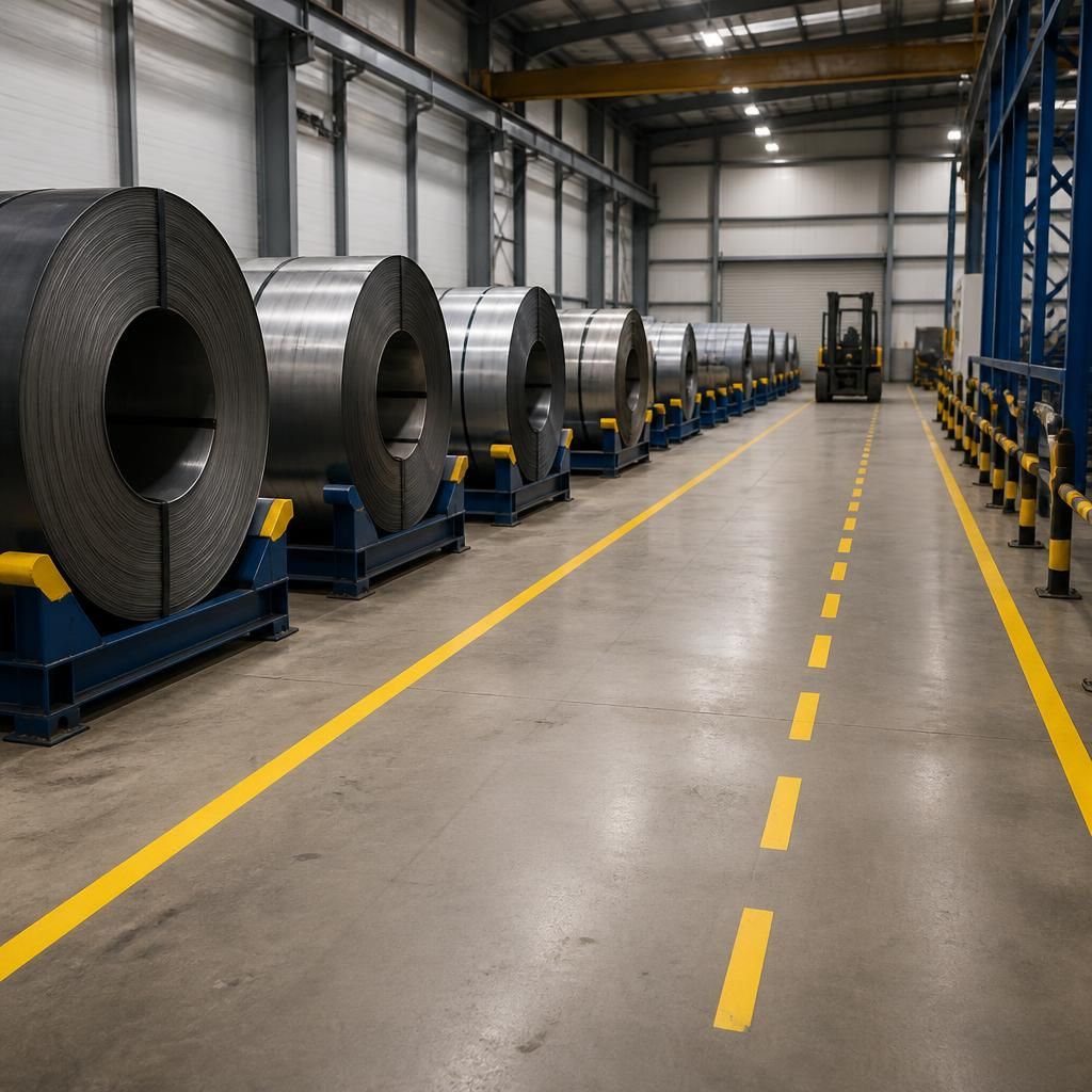 Steel coils stored in cradles beside a marked warehouse aisle