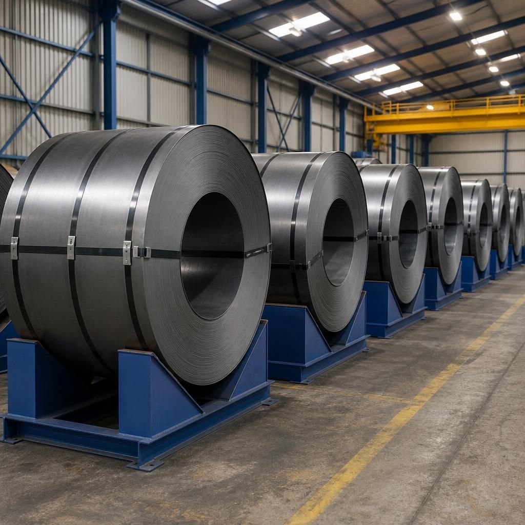 Steel coils resting in individual saddle supports within a warehouse storage area