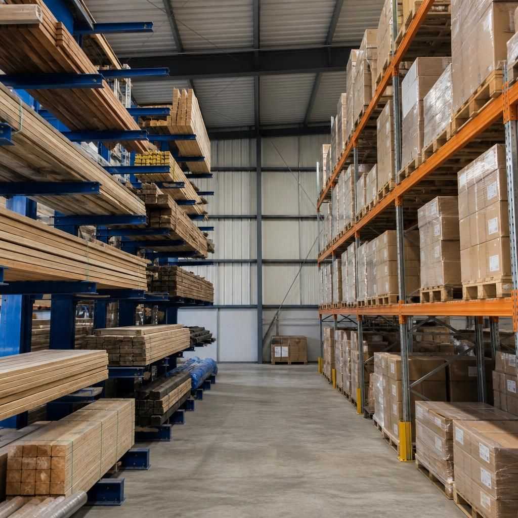 Cantilever racking with timber beside pallet racking holding boxed goods
