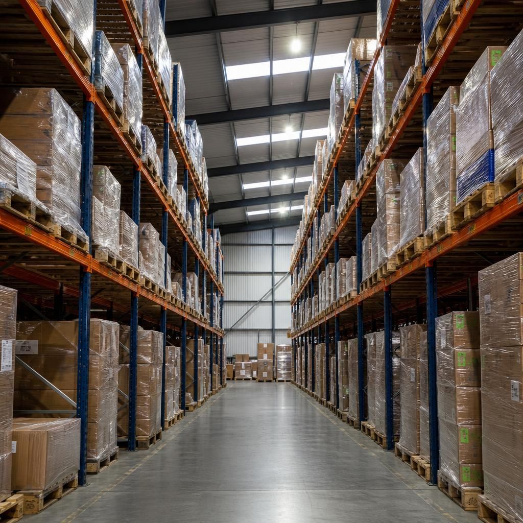 Warehouse aisle with pallet racking holding loaded pallets