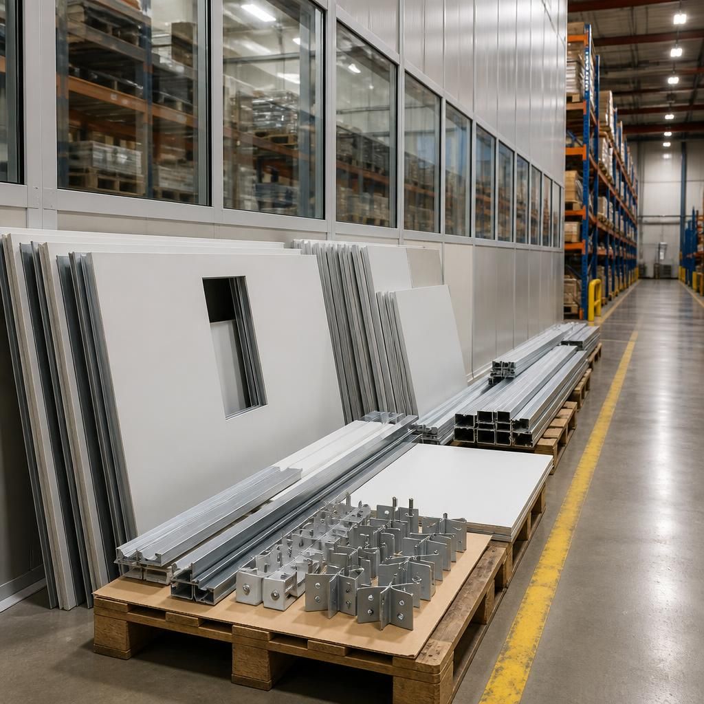 Modular partition panels and fixings arranged beside a warehouse walkway