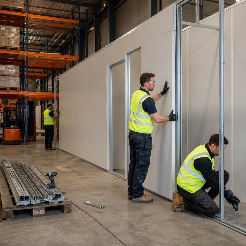 Installers assembling industrial partition panels beside warehouse racking