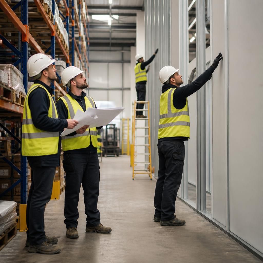 Installers fitting partition panels beside warehouse storage aisles
