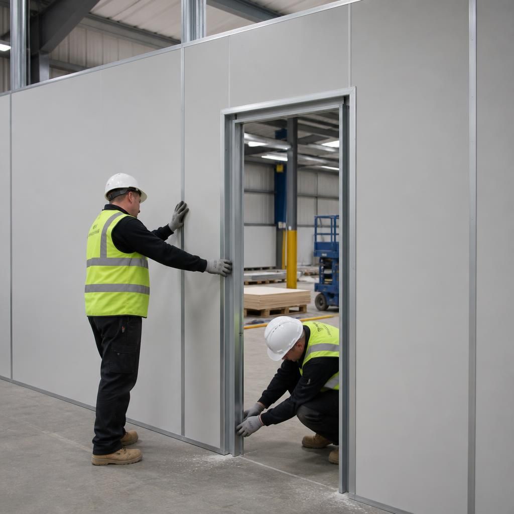 Warehouse partition panels being installed around an access doorway