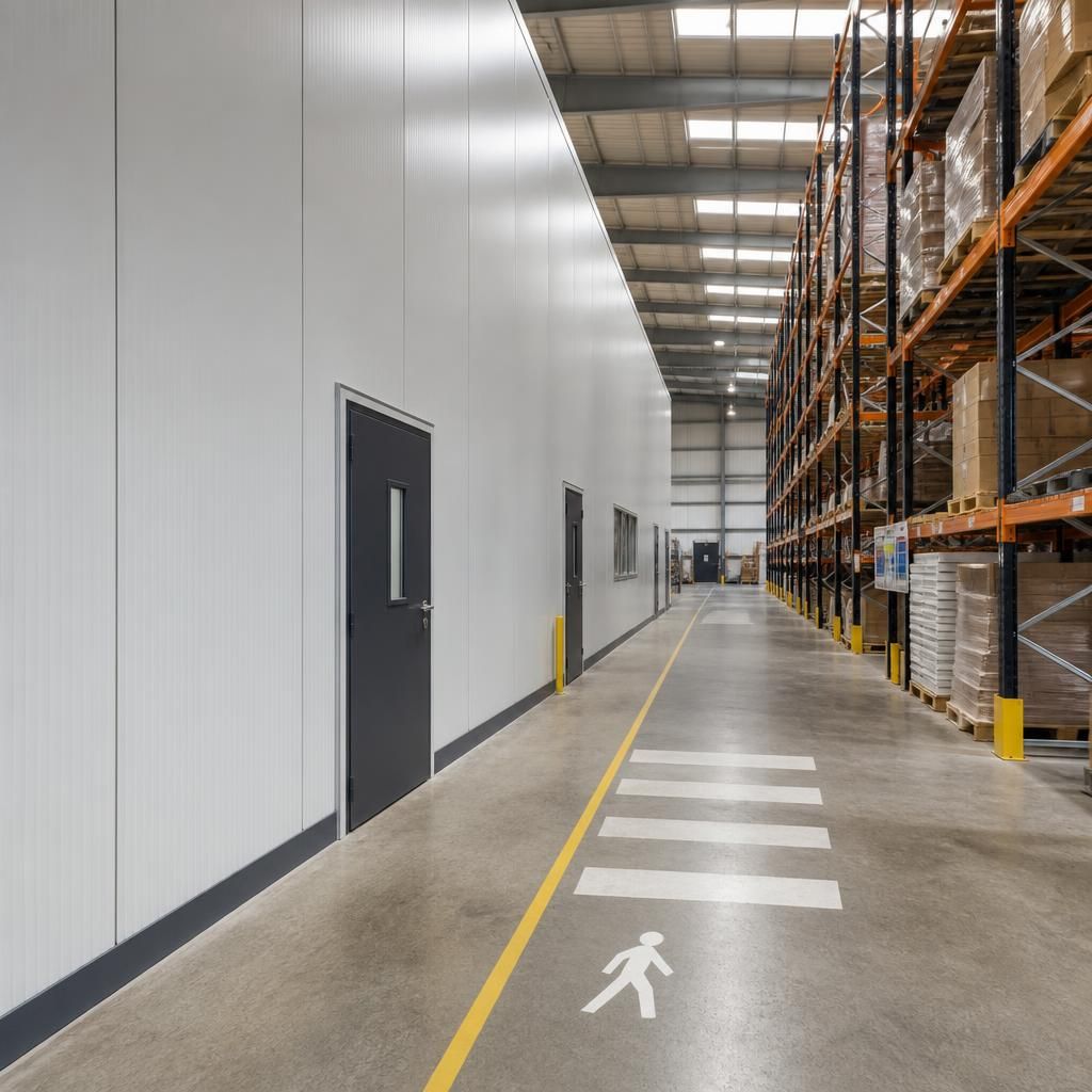 Warehouse partition panels beside pallet racking and a marked pedestrian route