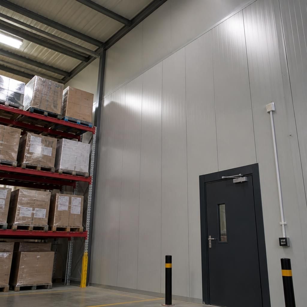 Warehouse partition panels meeting the roof beside a pallet storage area