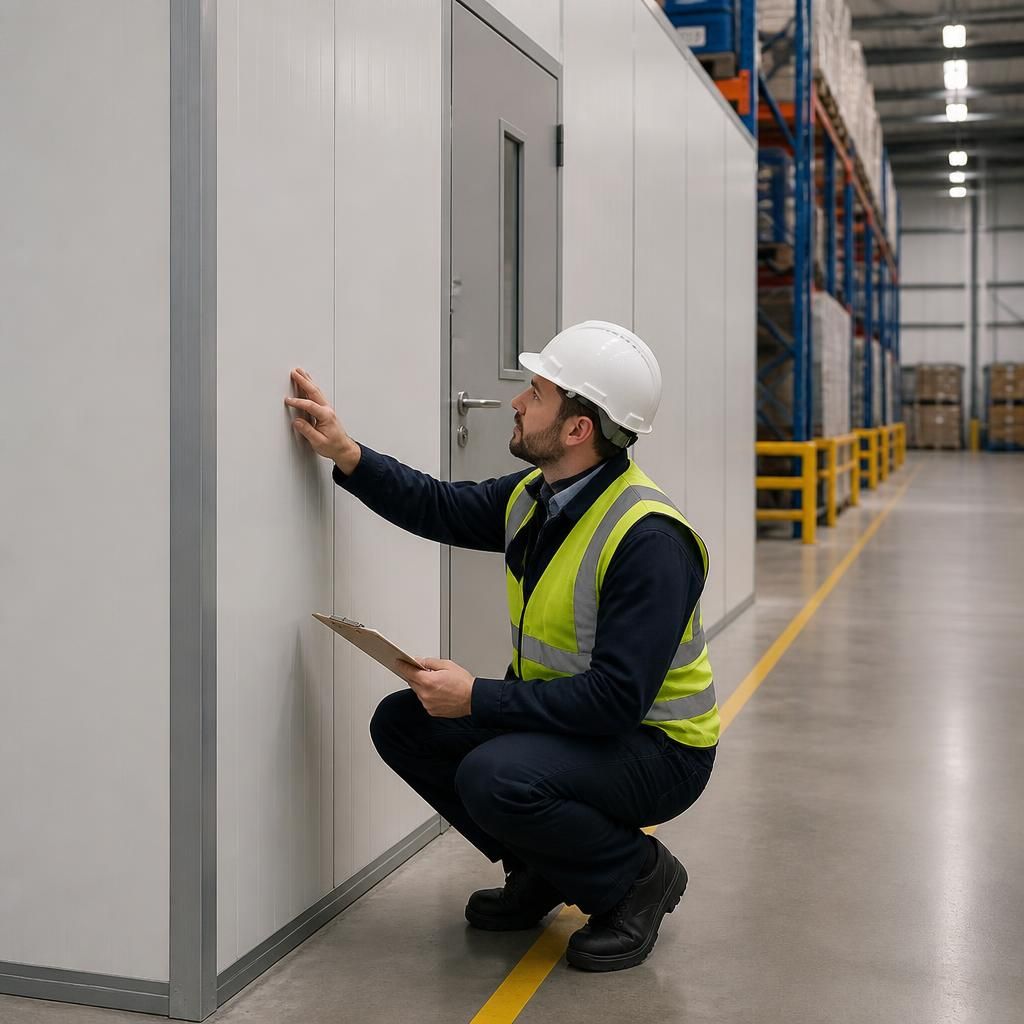 Technician inspecting warehouse partition panels, fixings and a door