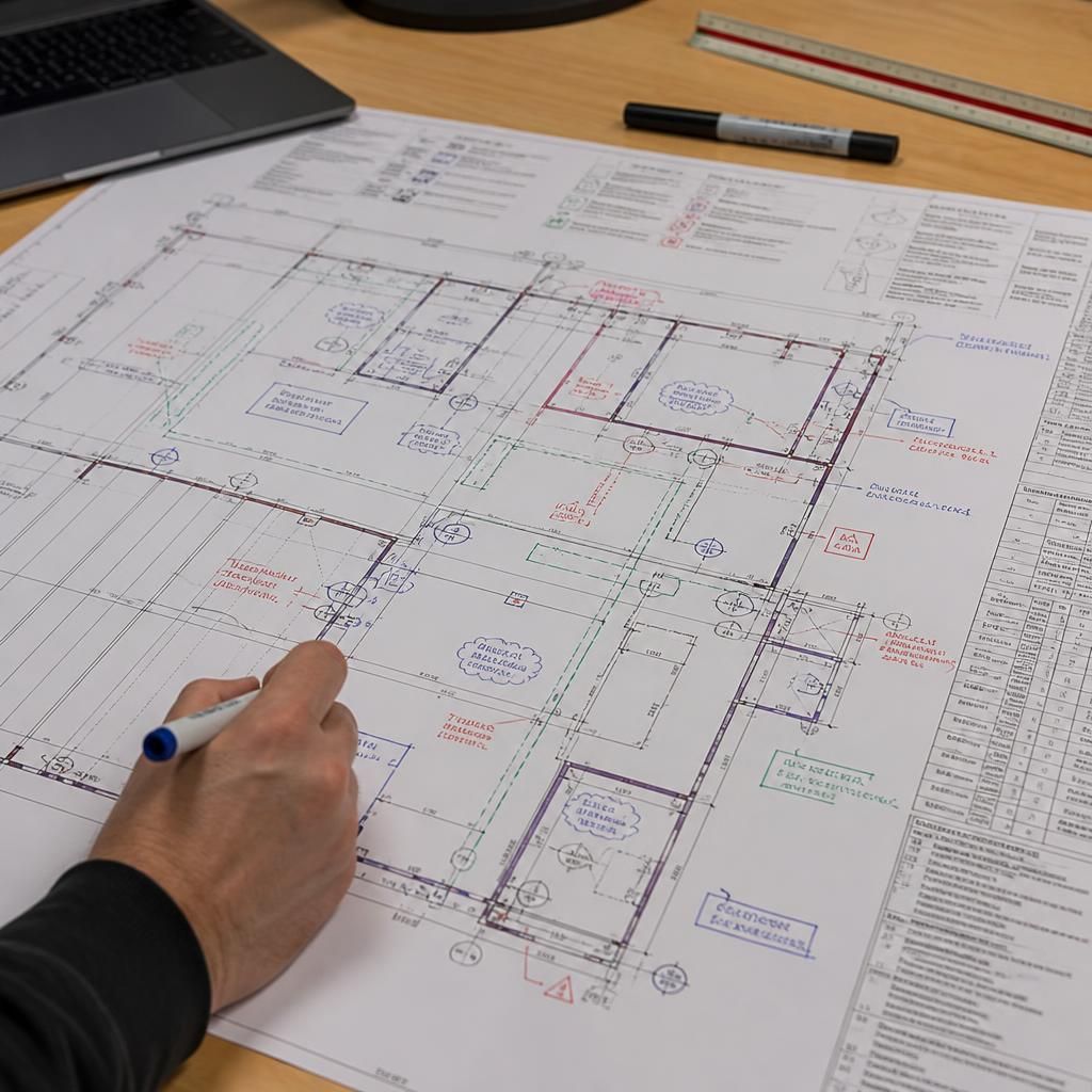 Marked-up warehouse partitioning plan showing doors, access routes and service interfaces