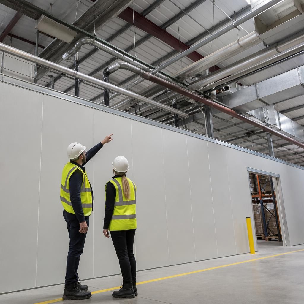 Warehouse partition meeting roof-mounted pipework and cable trays