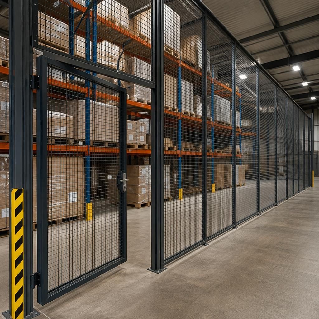 Warehouse mesh partition enclosing pallet storage beside a personnel access gate