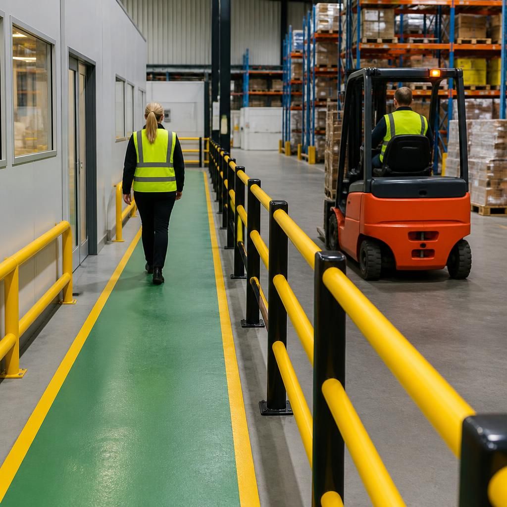 Warehouse partitioning with a pedestrian walkway and forklift route divided by safety barriers