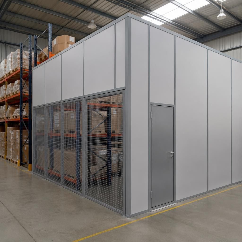 Warehouse partition wall enclosing a stock storage area beside pallet racking
