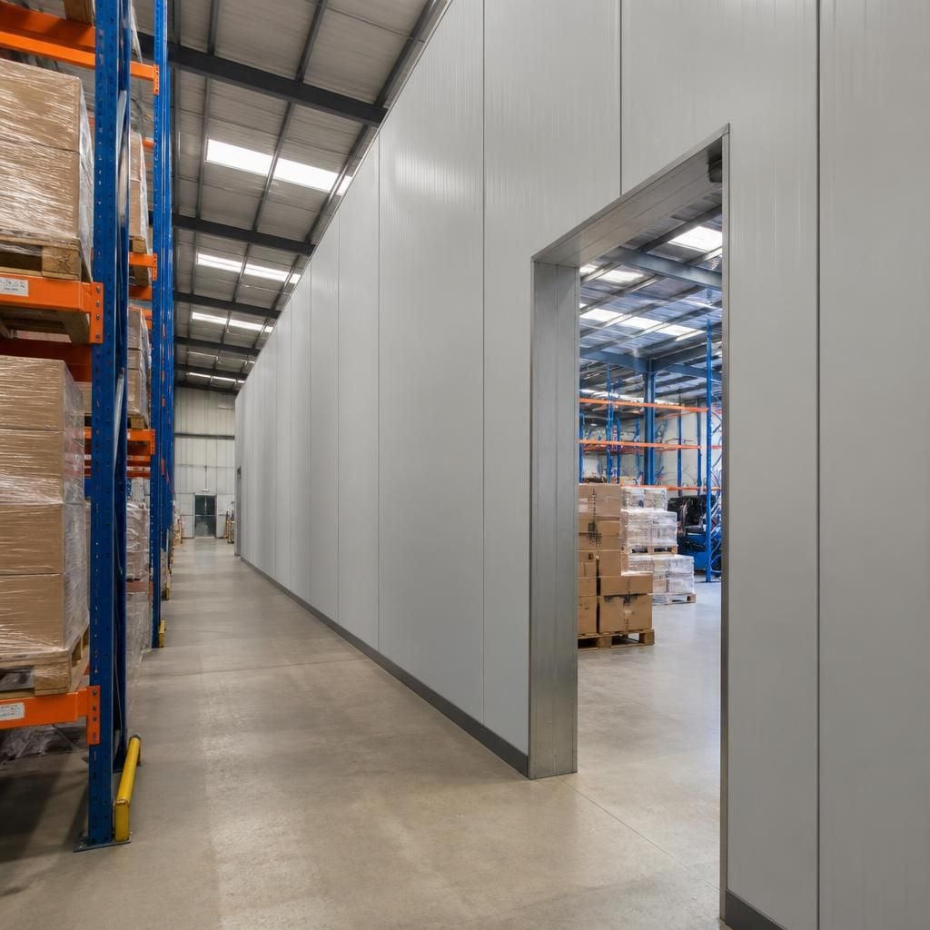 Warehouse partition wall separating pallet racking from a warehouse walkway