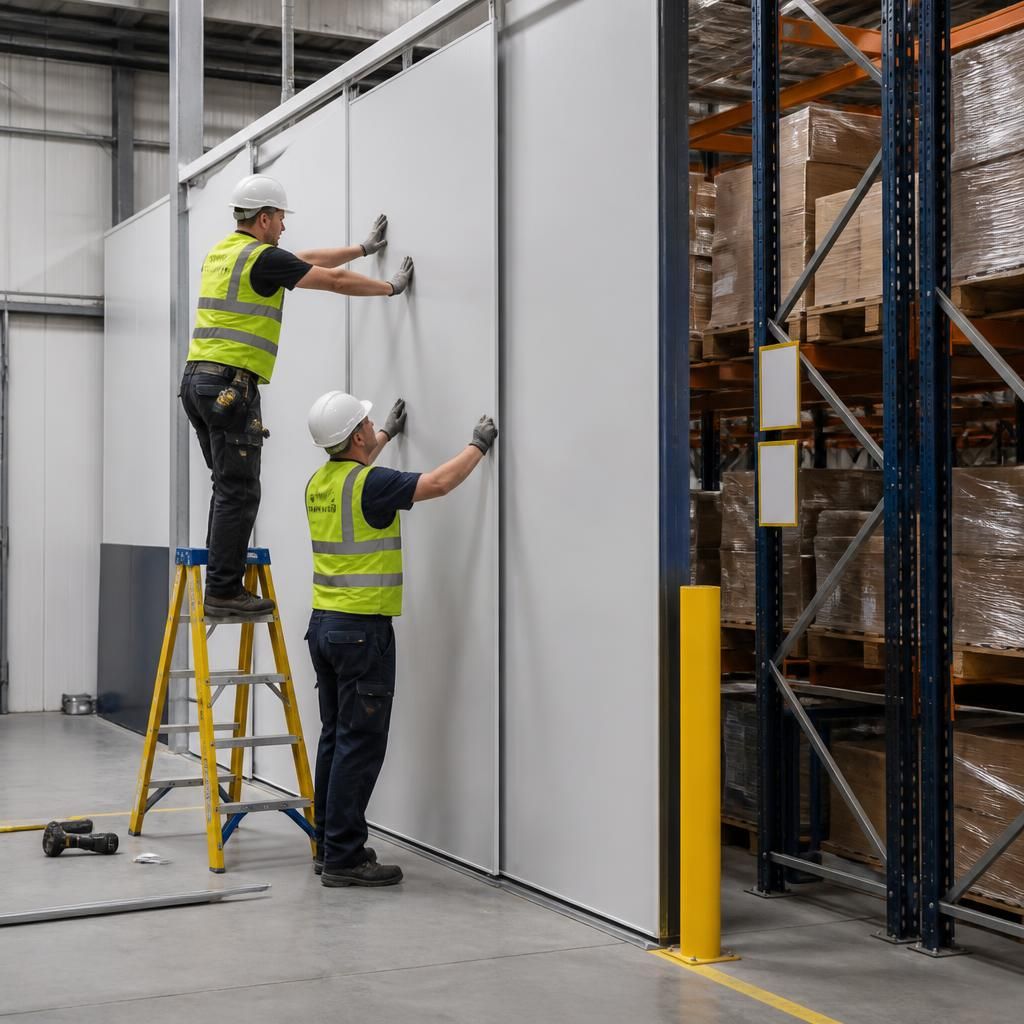 Installers fitting partition wall panels beside warehouse storage racks