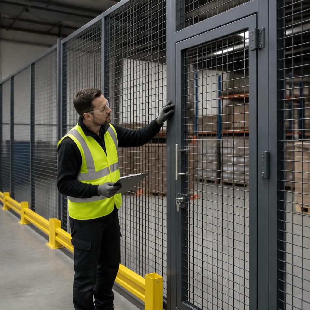 Worker inspecting mesh panels, doors and fixings on a warehouse partition wall