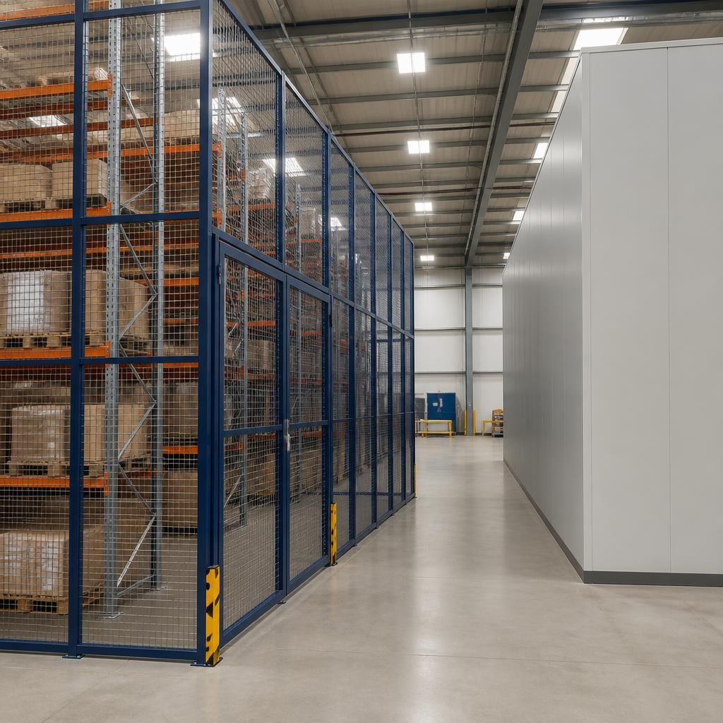 Warehouse pallet racking enclosure beside a freestanding dividing wall