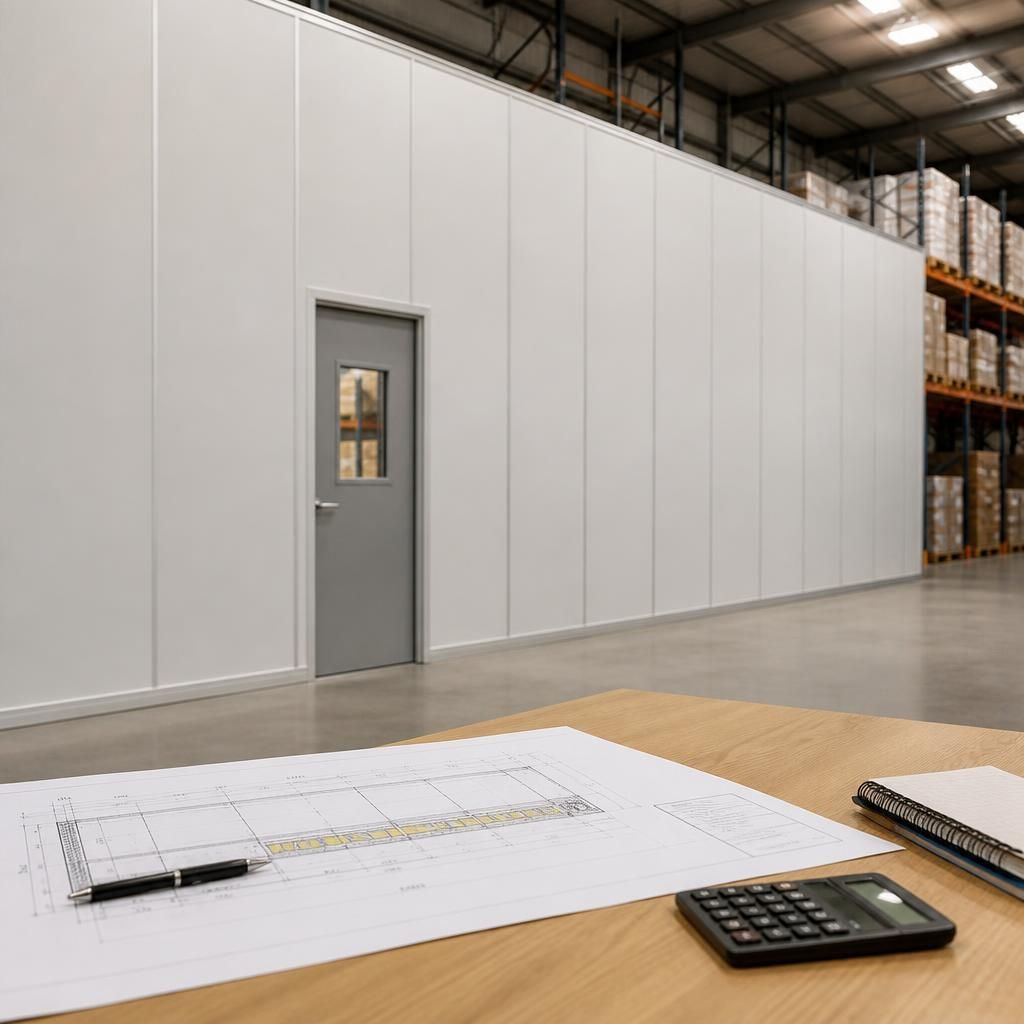 Warehouse partition wall with access door and working drawings on a desk