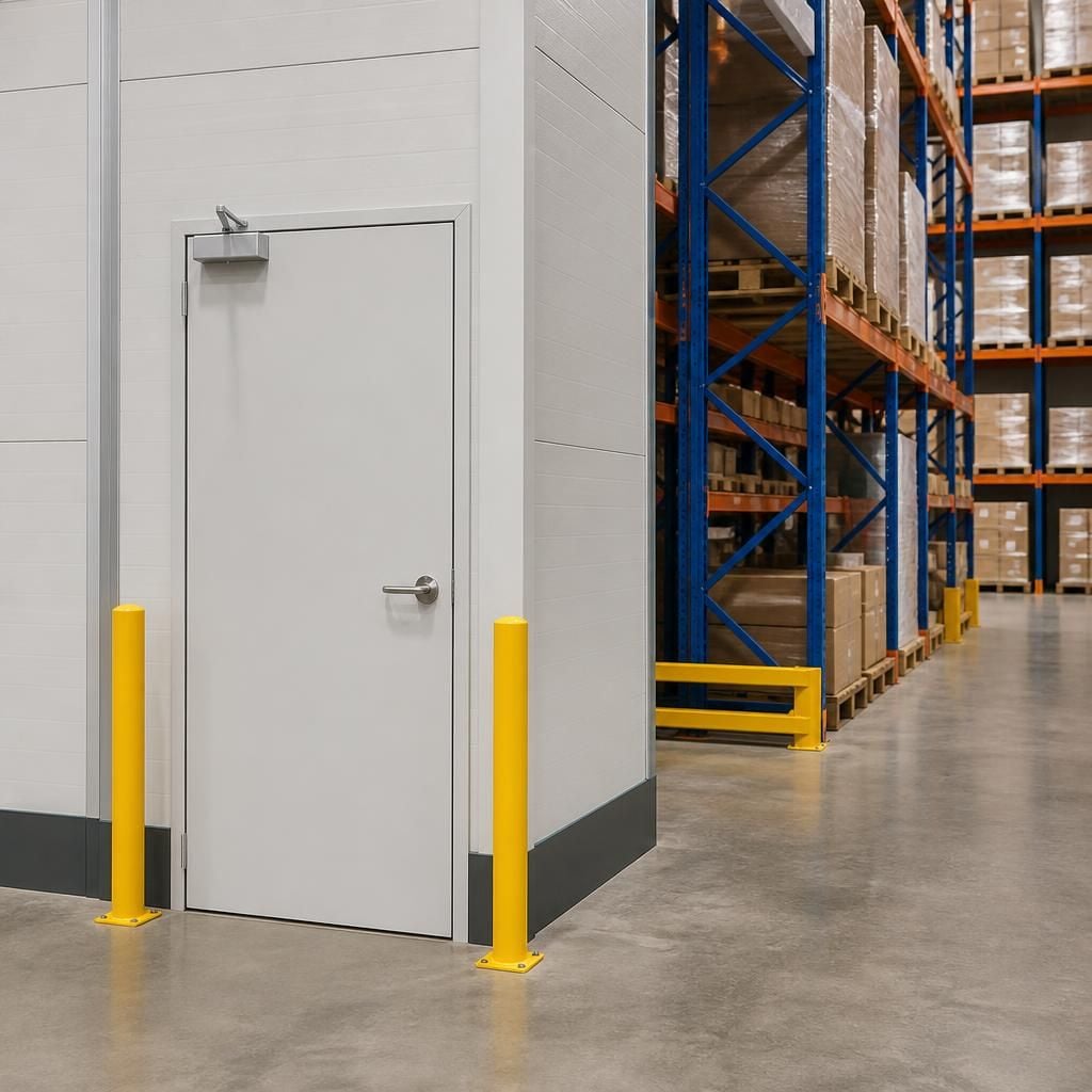 Warehouse partition wall with a personnel door beside pallet racking
