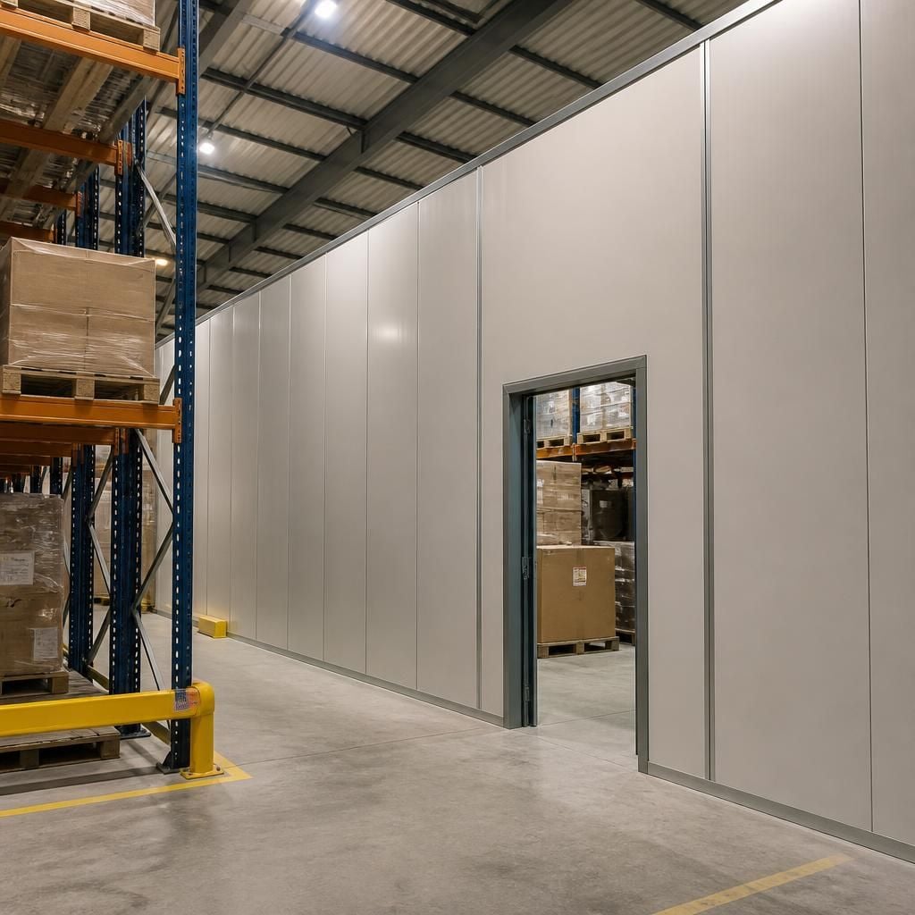 Warehouse partition wall sections with a doorway beside pallet racking