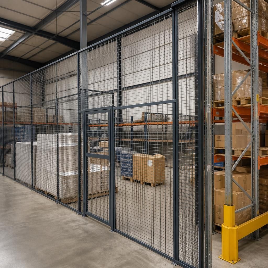Mesh partition panels enclosing a warehouse storage area beside pallet racking