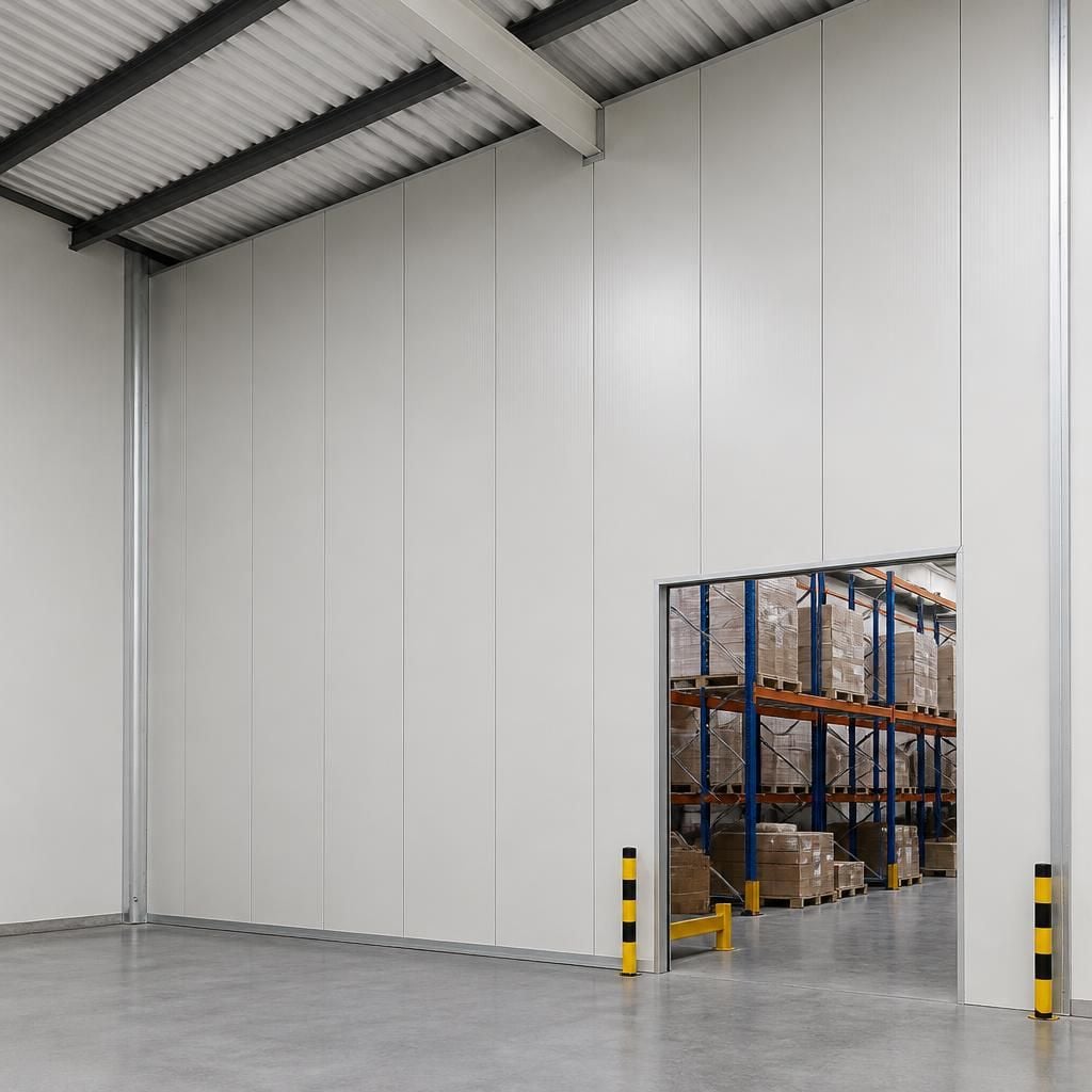 Fire-rated industrial partition panels meeting a warehouse ceiling and floor