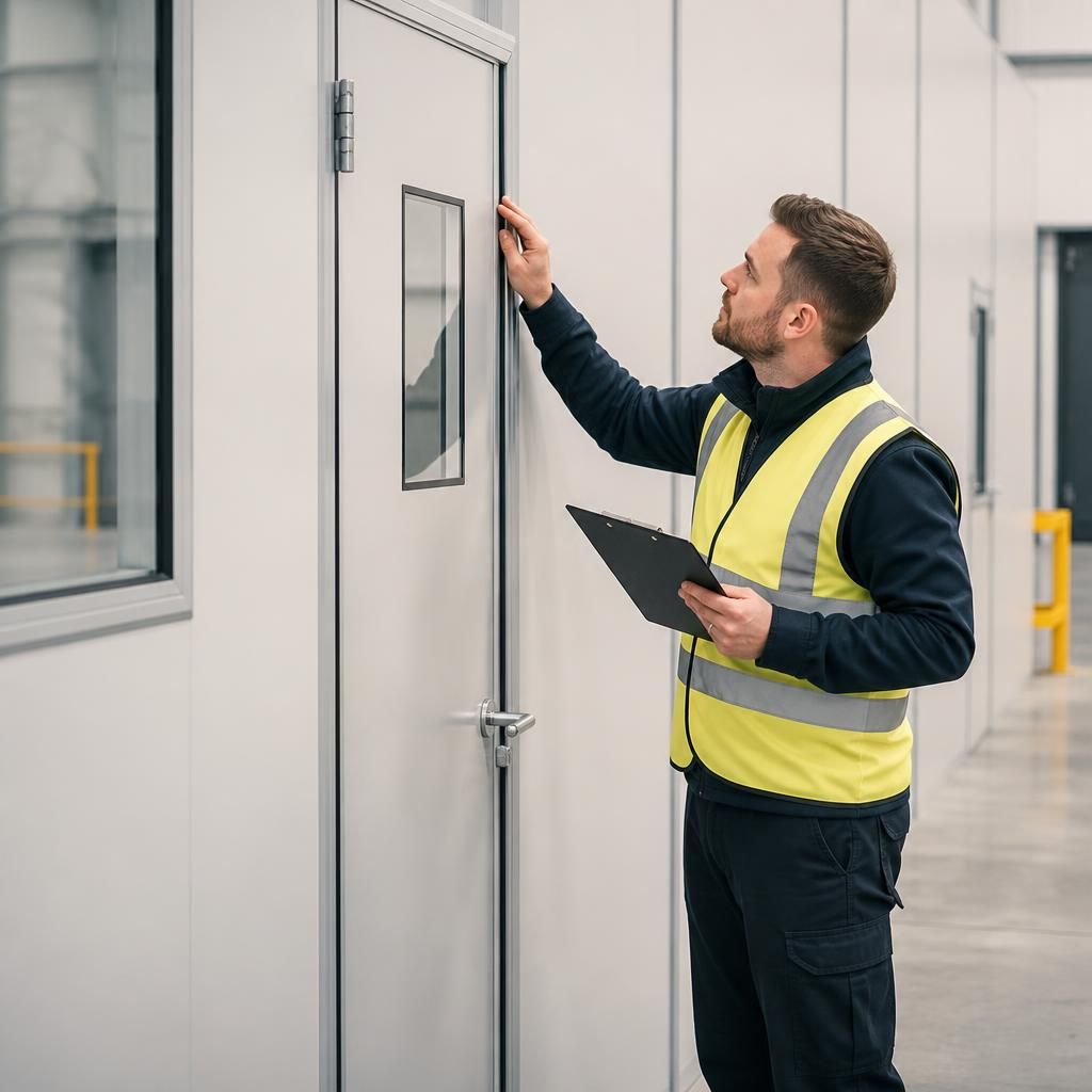 Technician checking partition panels, door hardware and fixings in an industrial workspace