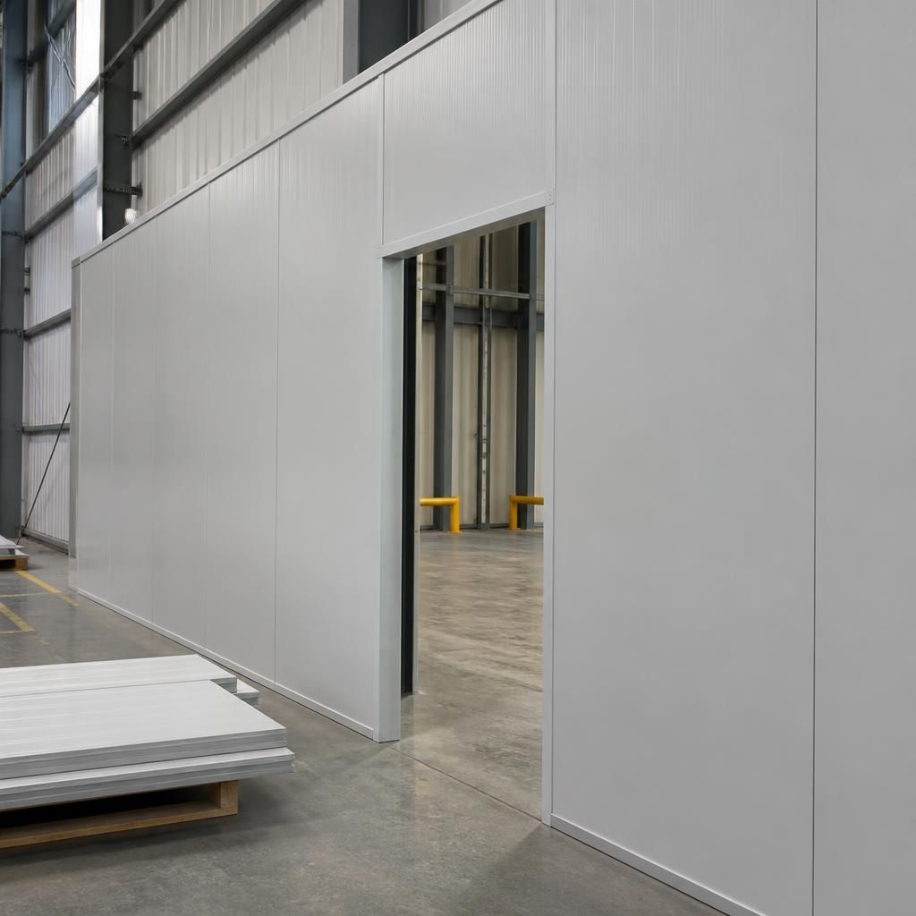 Industrial partition panels and doorway prepared for installation in a warehouse