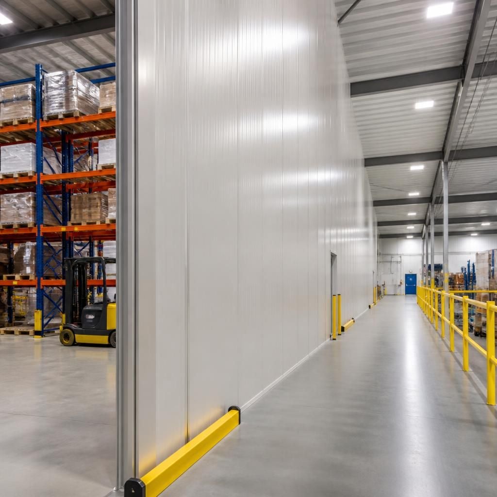 Industrial partition dividing warehouse storage from an access route
