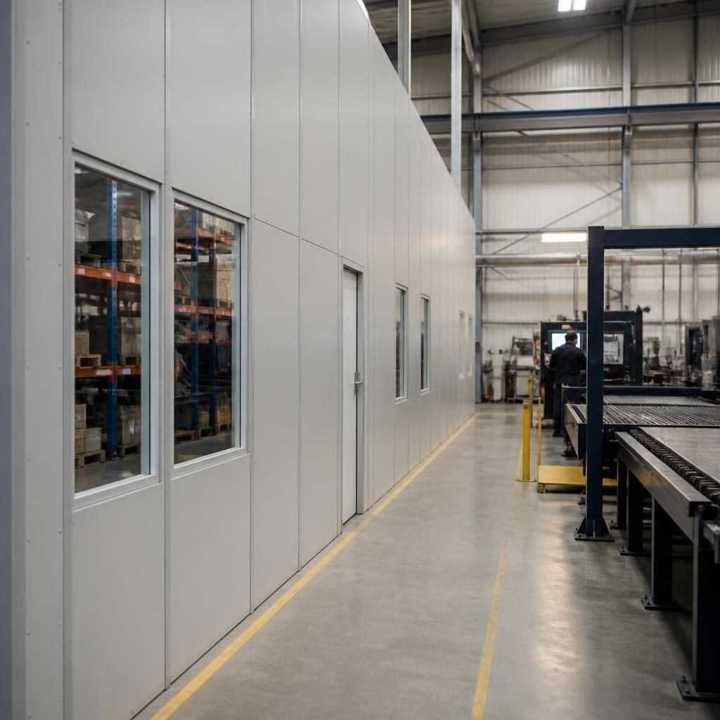 Industrial partition forming a separate area beside production equipment
