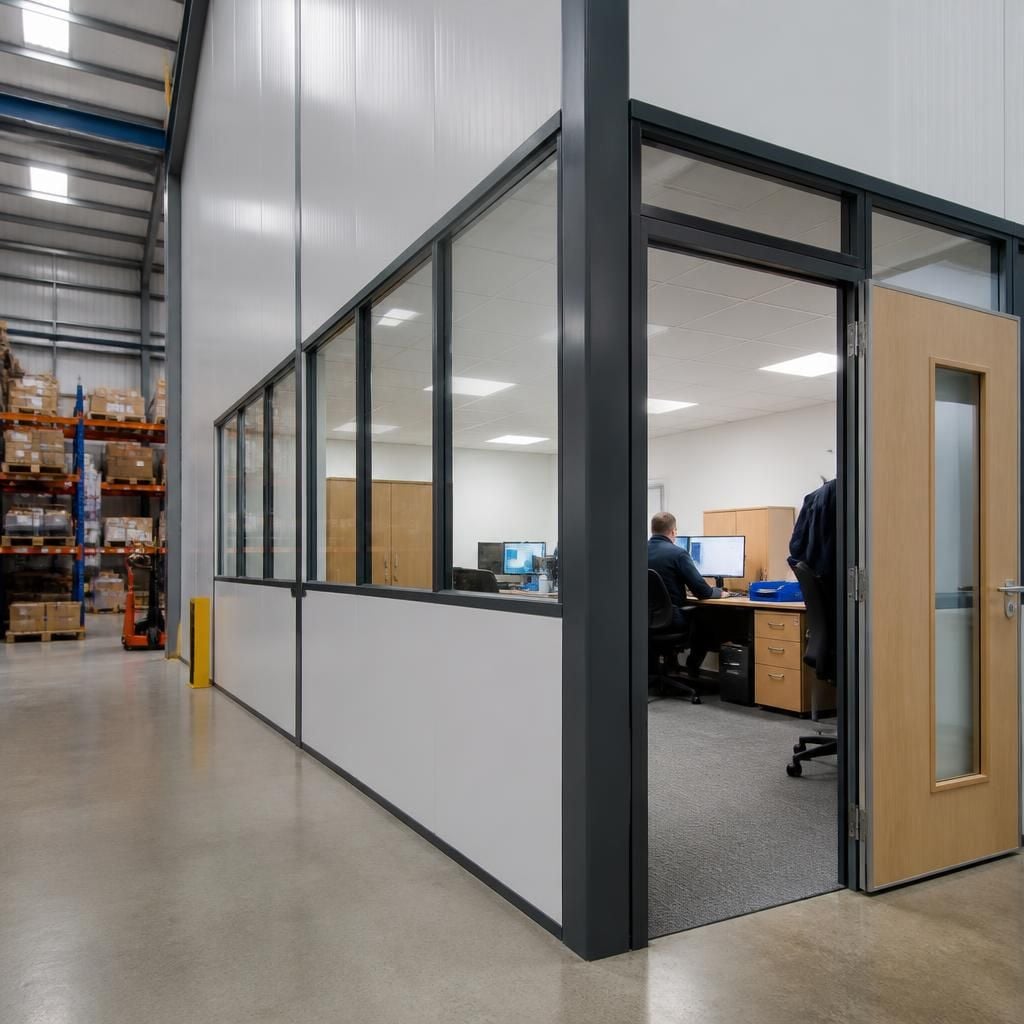Partitioned office area within an industrial workplace