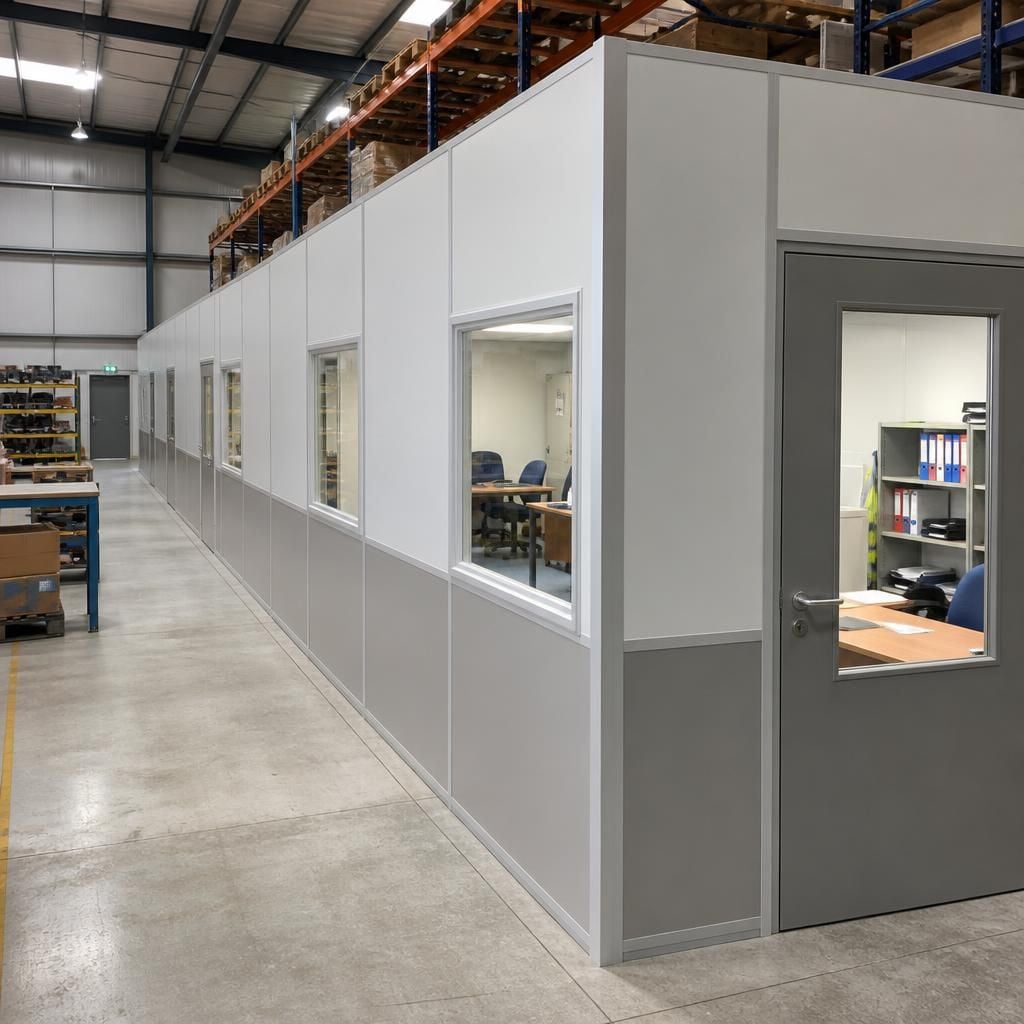 Industrial partition creating segregated workplace areas