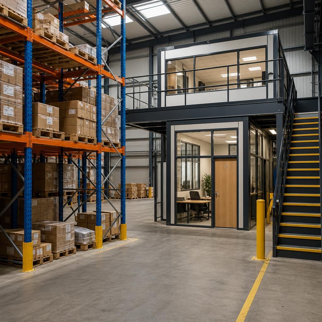Warehouse pallet racking beside a mezzanine floor and partitioned office area