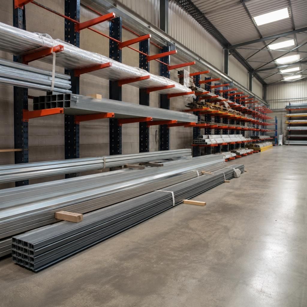 Cantilever racking beside stored long materials in a warehouse