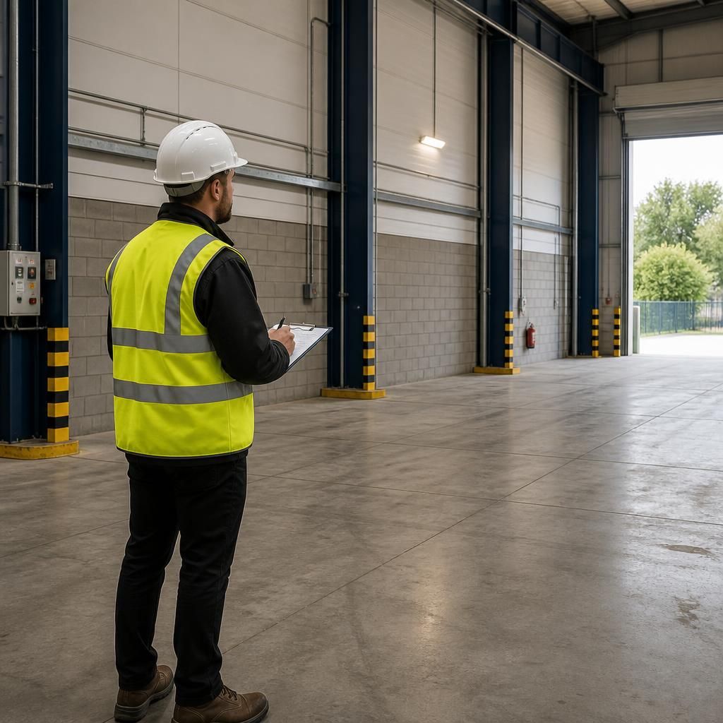 Surveyor checking warehouse floor and building features before cantilever racking installation