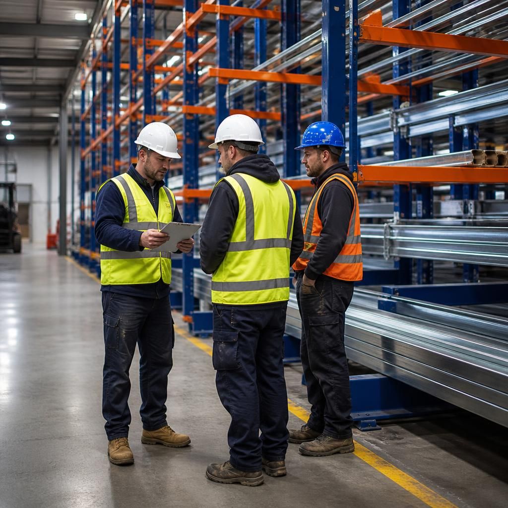 Installers assembling cantilever racking in a warehouse aisle