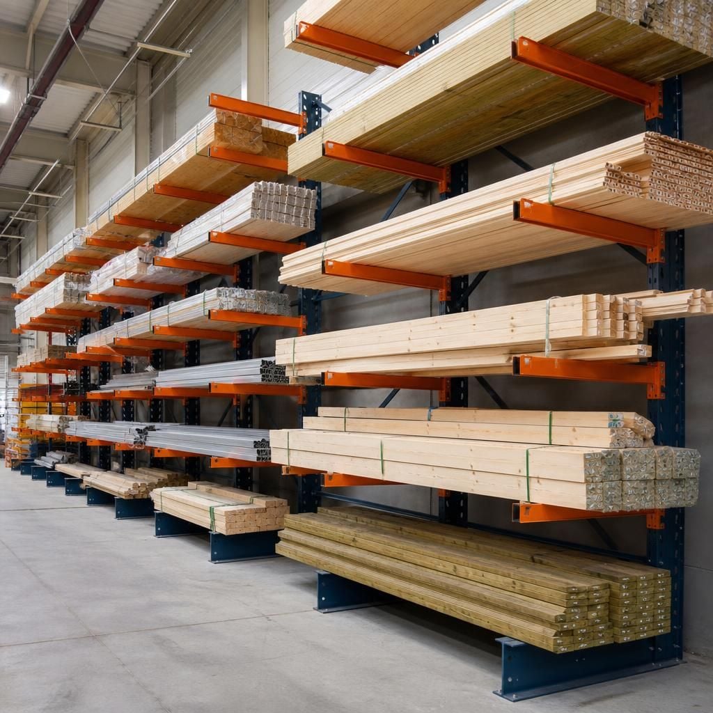 Cantilever racking with timber lengths and varied stock stored on adjustable arms