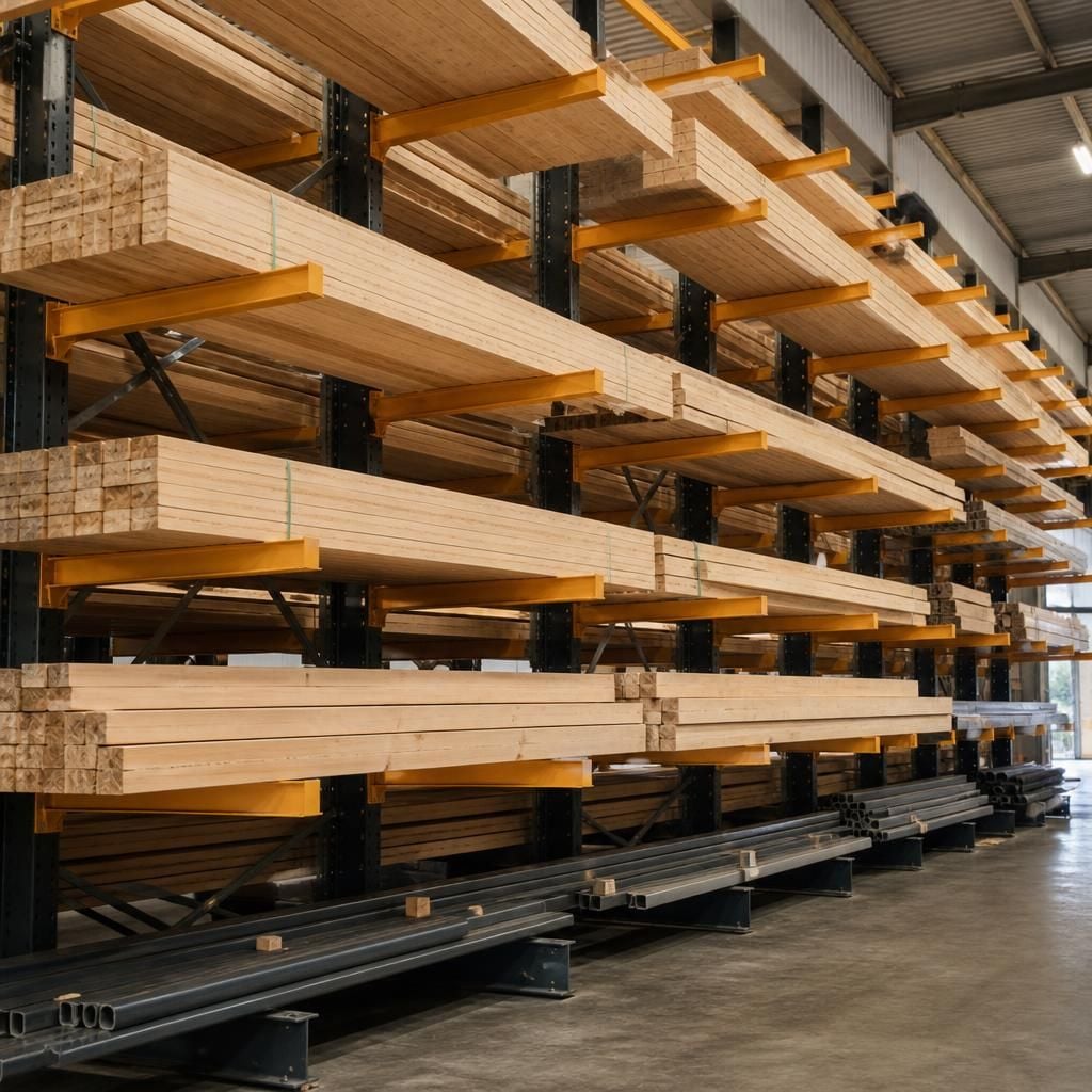 Cantilever racking holding long timber on horizontal storage arms
