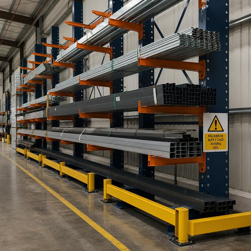 Cantilever racking with load signs and protective barriers in a warehouse