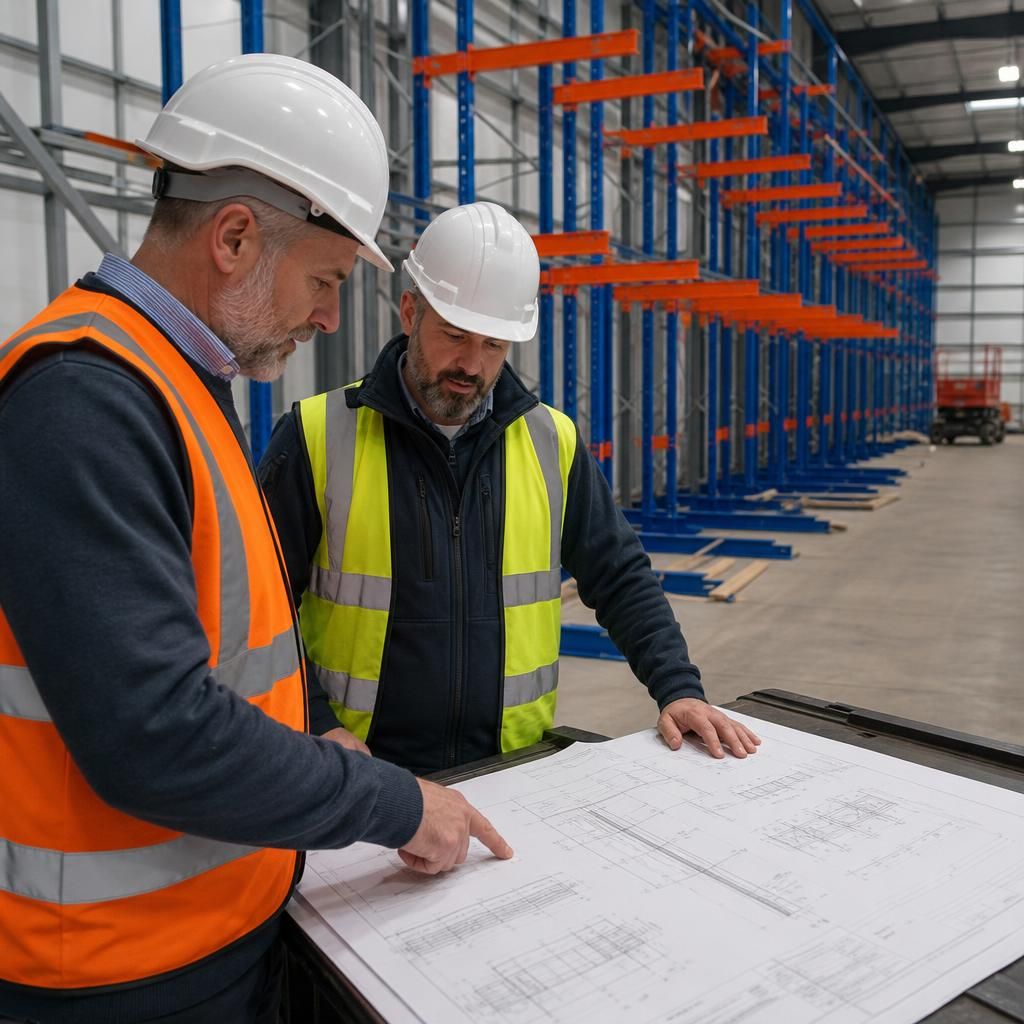 Cantilever racking drawings reviewed beside a warehouse installation area