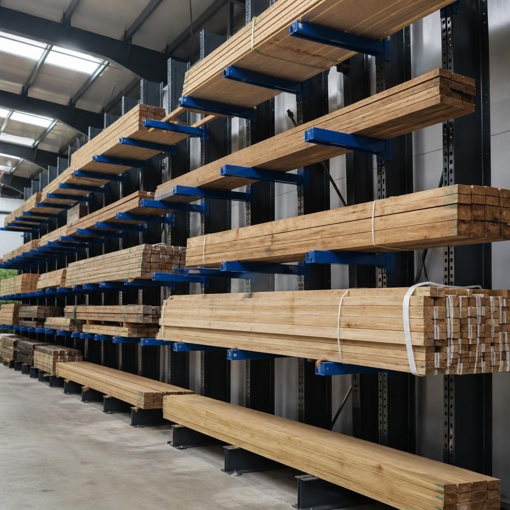 Cantilever racking holding bundles of long timber on multiple storage levels