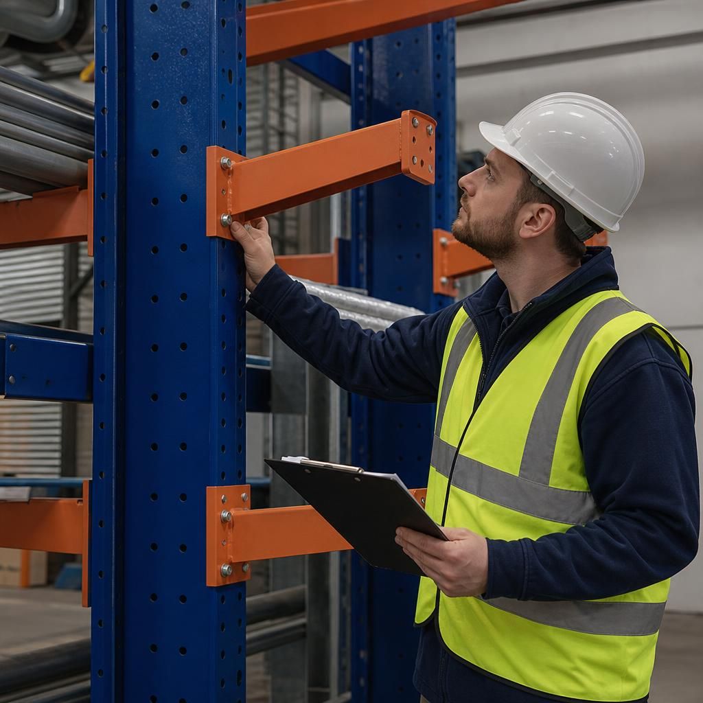 Warehouse worker inspecting cantilever racking arms and upright columns