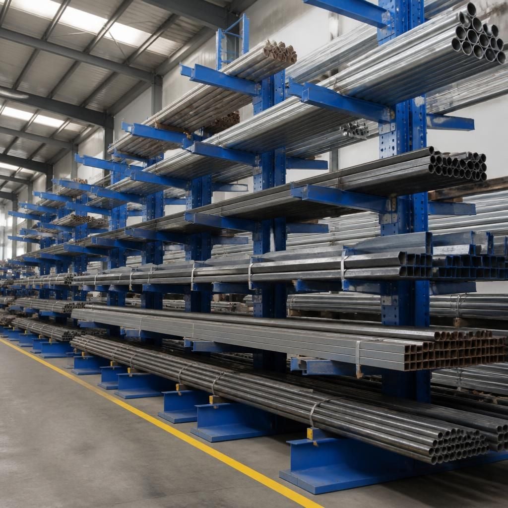Cantilever racking with long materials stored across its open support arms