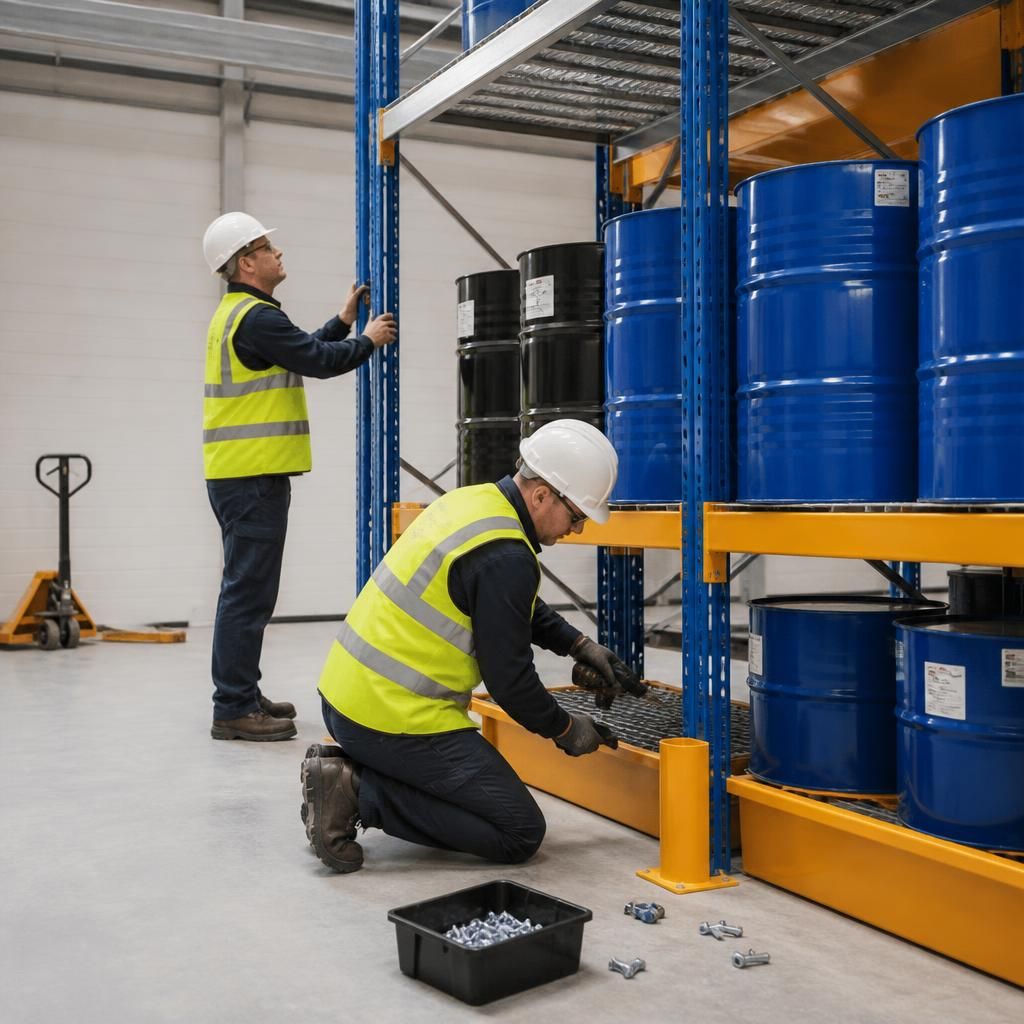 Workers installing chemical drum storage equipment inside a warehouse