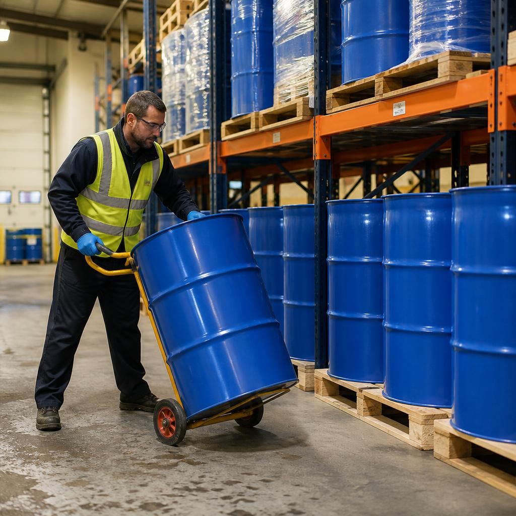 Chemical drums stored on pallets in a warehouse storage area