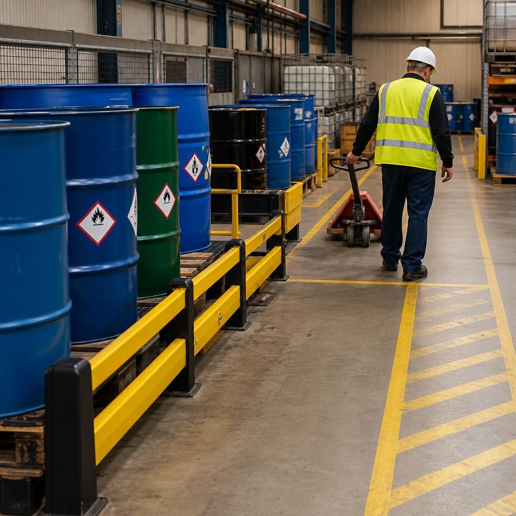 Chemical drums in a designated storage area with safety barriers and marked access routes