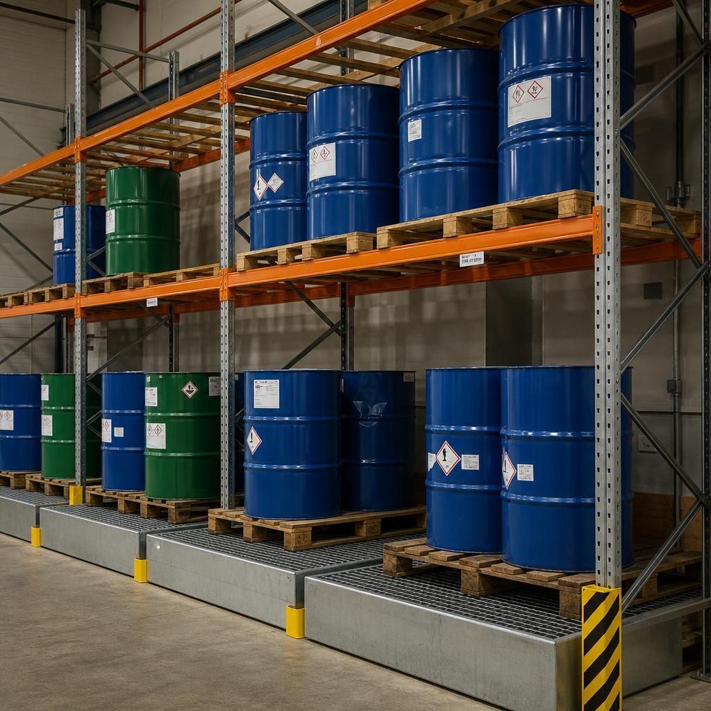 Chemical drums stored in adjustable pallet racking with spill containment trays