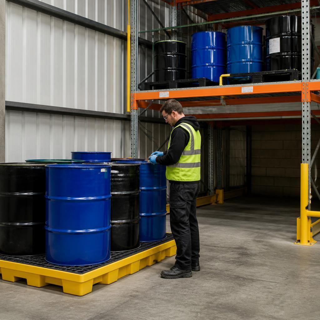 Chemical drums positioned on floor-level bunding beside raised storage