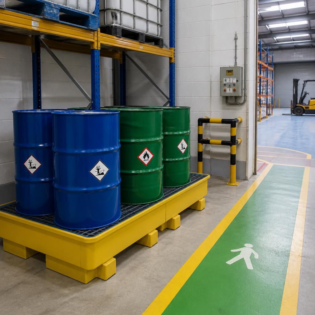 Chemical drums stored on a bunded pallet beside a marked warehouse access route
