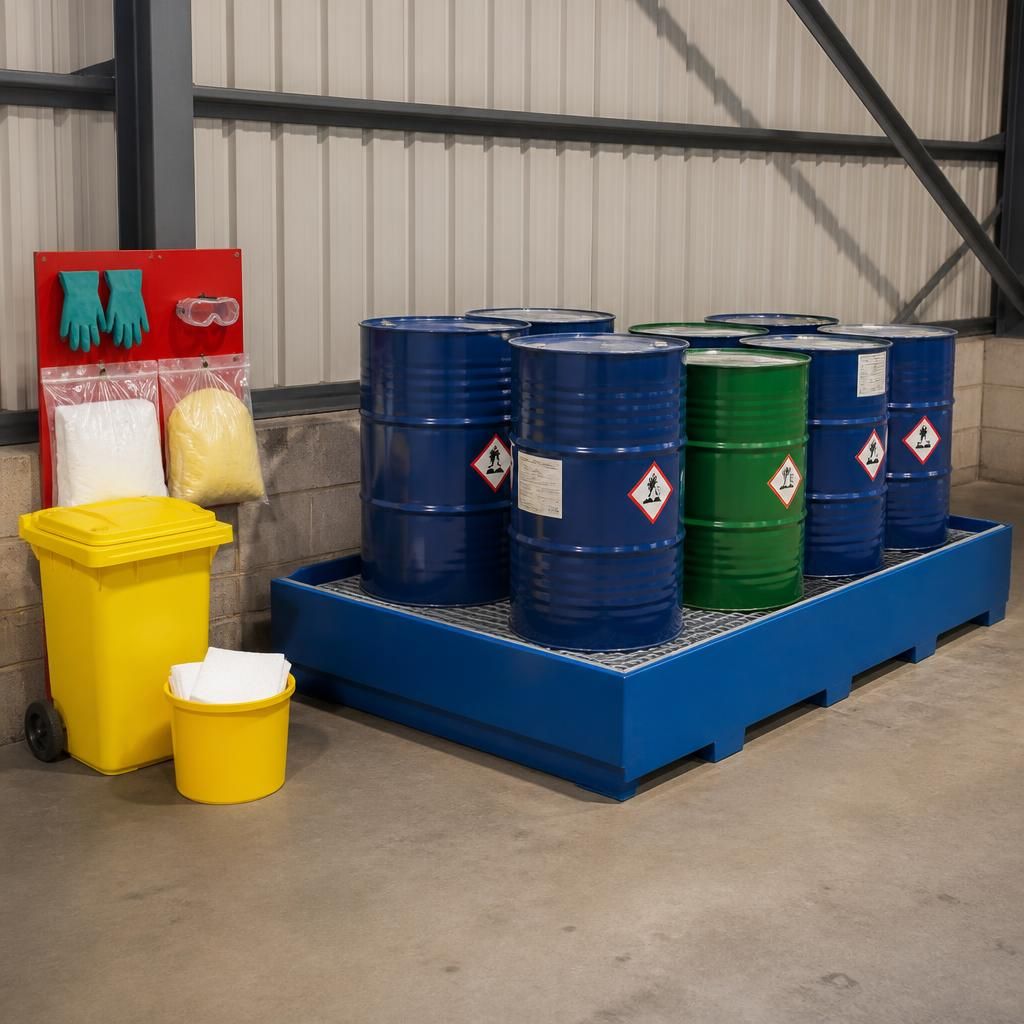 Chemical drums positioned on a bunded storage pallet with clearly marked containment zones